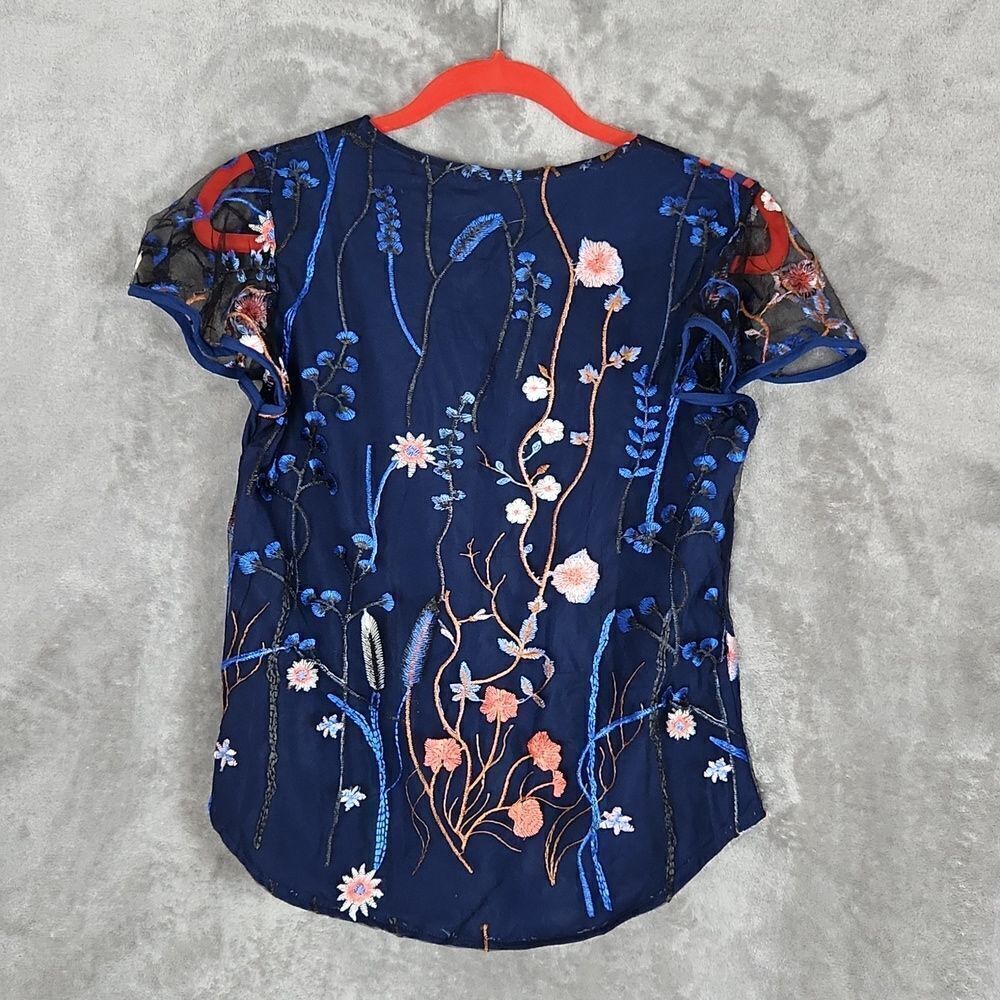 Floral Embroidered Mesh Blouse Women’s Small Blue Sheer Sleeve Top Boho Romantic - Picture 4 of 9